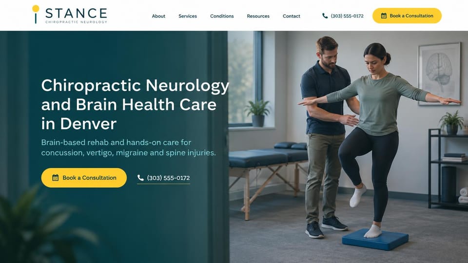 Chiropractor website design, chiropractic neurology for concussion and vertigo: white header, a deep teal panel with a white headline, a practitioner spotting a woman balancing on one foot, yellow buttons