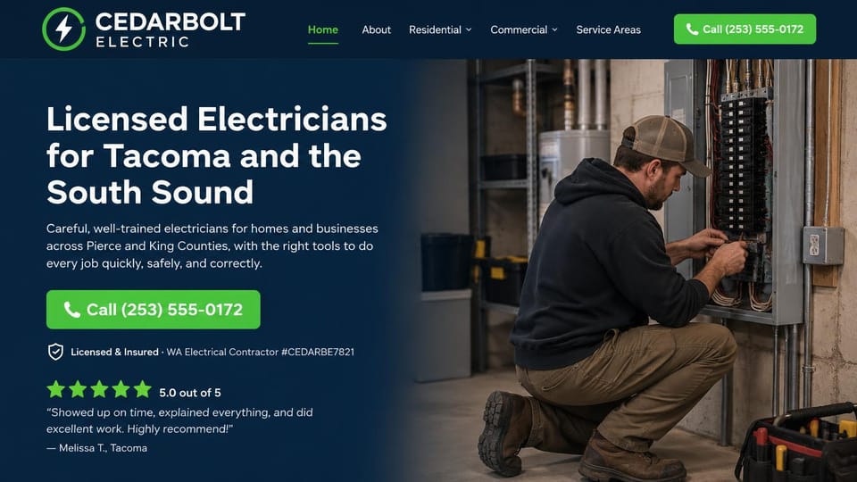 Electrician website design, licensed electrician with the license number up front: navy page with a white headline and a green call button, a license line and a short review, an electrician in a cap and hoodie kneeling at a basement panel