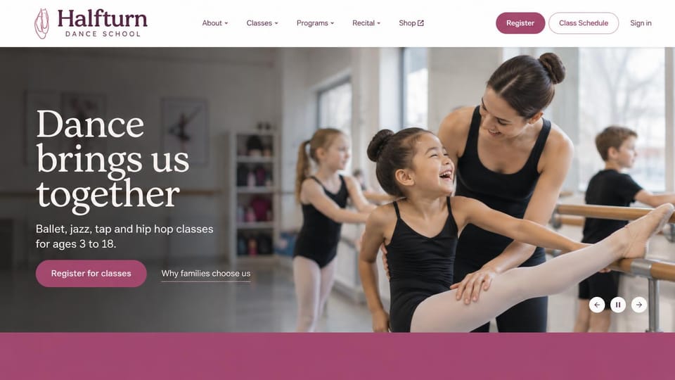 Dance studio website design, family dance school with a teacher at the barre: photo of a teacher and a laughing girl at a ballet barre, a large white serif headline, plum buttons, a rose band below