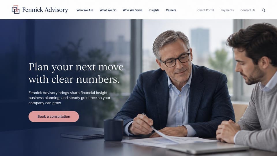 Consulting website design, business advisory with clear numbers: white header, a photo of an advisor and a client at a table under a navy gradient, white serif headline, pink button