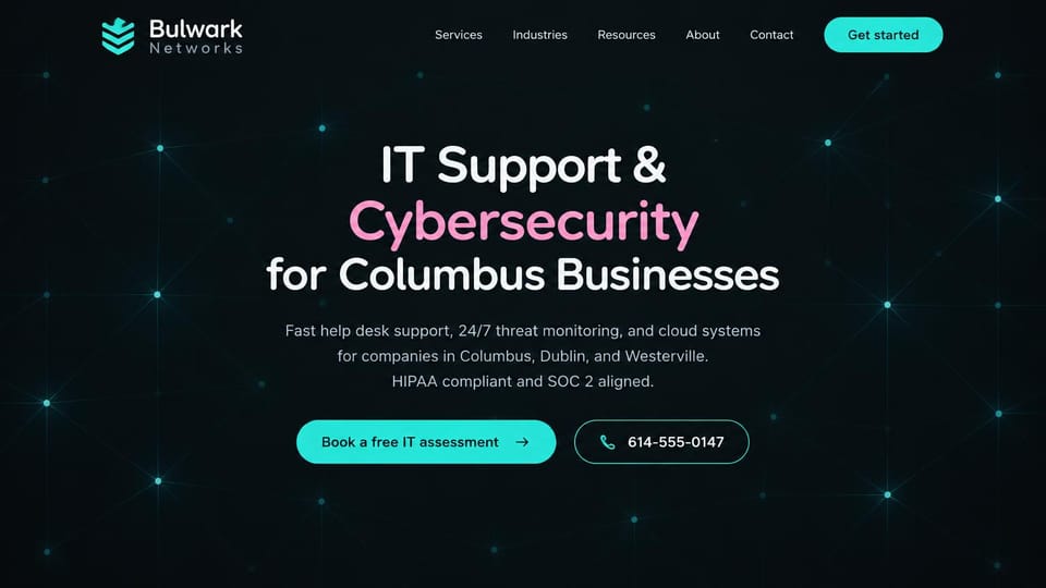 IT company website design, local IT and security on a dark network pattern: near-black page with a faint network of teal dots, centered white headline with a pink word, teal buttons