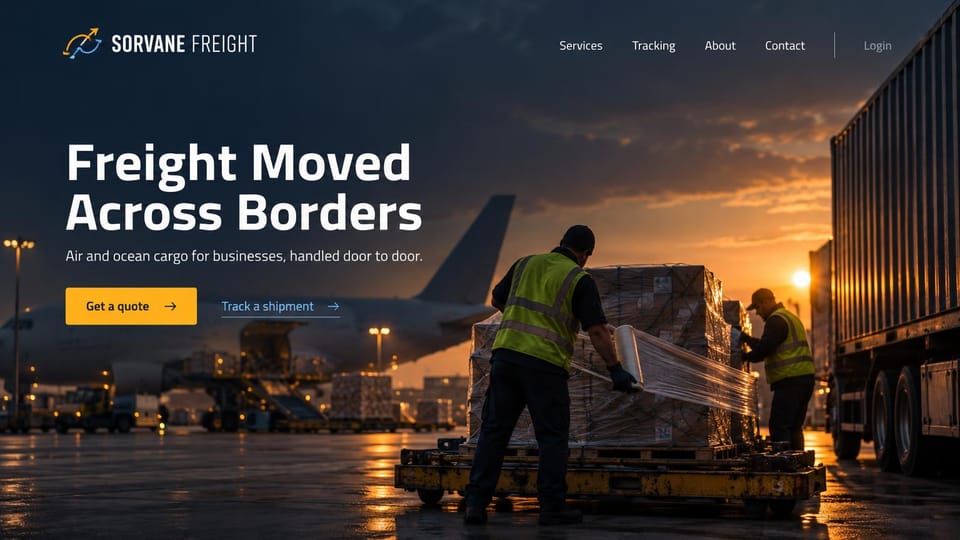 Logistics website design, cross-border air and ocean cargo at sunset: dark sunset photo of workers stretch-wrapping pallets on an airport apron with a plane behind, white headline, yellow quote button