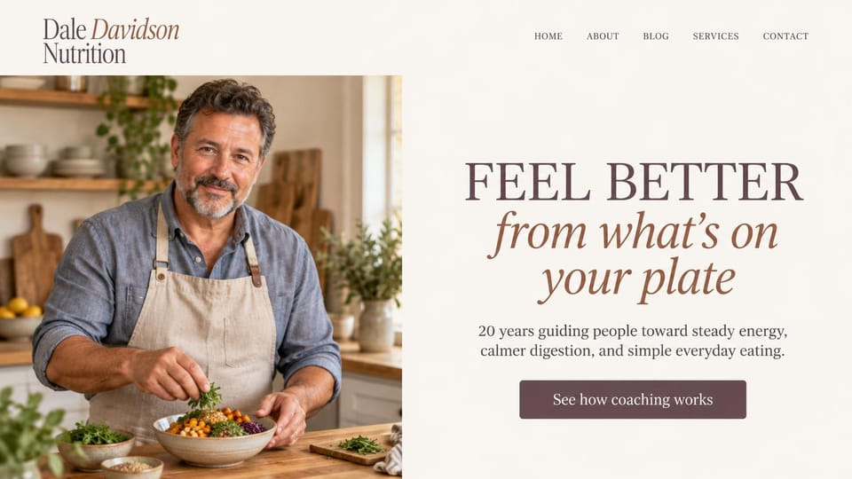 Coaching website design, nutrition coaching in the kitchen: ivory page, a large plum serif headline with italics beside a man in an apron preparing a bowl