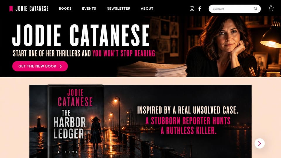 Author website design, thriller writer with a true-crime hook: black and hot pink, the author in a dim study and a dark cover beside red and white pitch lines