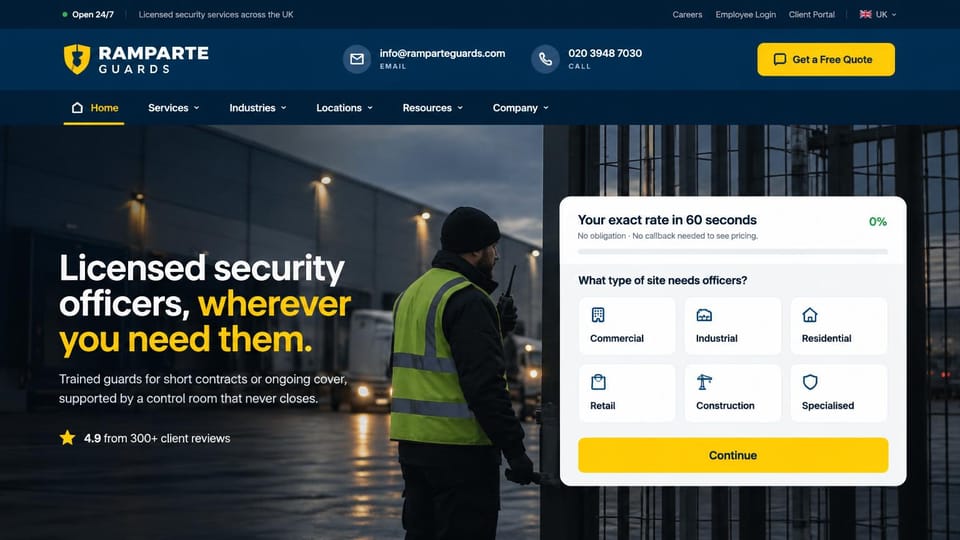 Security company website design, guard company with a step-by-step quote: navy header and menu, a guard in a hi-vis vest at a warehouse gate at dusk, a white and yellow headline, a white quote card with site type tiles and a yellow button