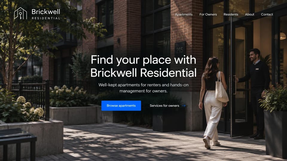 Property management website design, apartment leasing and owner services in one hero: shadowed photo of a brick apartment entrance with a greeter at the door, a white centered headline and a bright blue apartments button