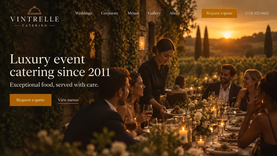Catering website design, luxury catering at a sunset vineyard dinner: dark amber photo of guests at a long candlelit table in a vineyard at sunset, a white serif headline and a gold quote button