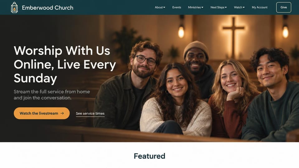 Church website design, church that leads with the livestream: smiling young adults in warm light, white headline and an orange livestream button