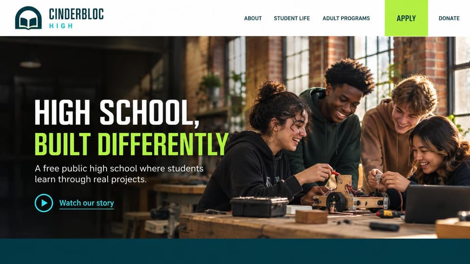 School website design, project-based public high school in bold condensed type: dark workshop photo of students building a robot by brick walls, white and lime condensed capitals, a play link and a lime apply tab
