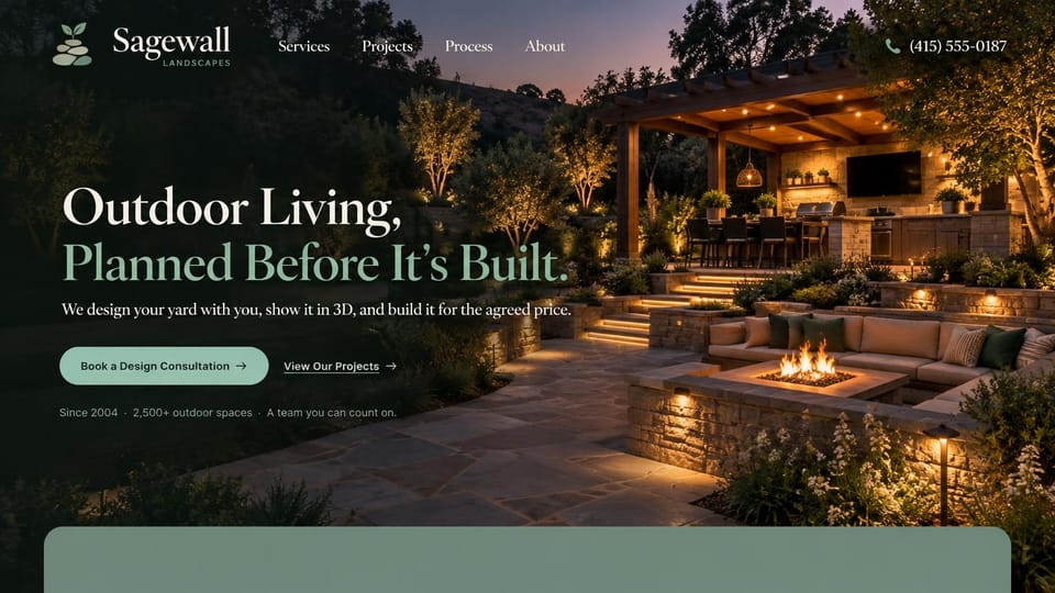 Landscaping website design, outdoor living planned in 3D: dusk photo of a lit outdoor kitchen, pergola and fire pit, a white and sage serif headline and a sage consultation button