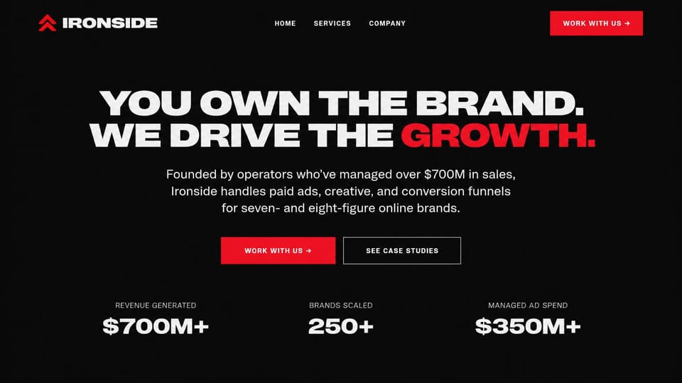 Business website design, ecommerce performance agency with numbers up front: black page, a white and red uppercase headline, red and outlined buttons and three large figures