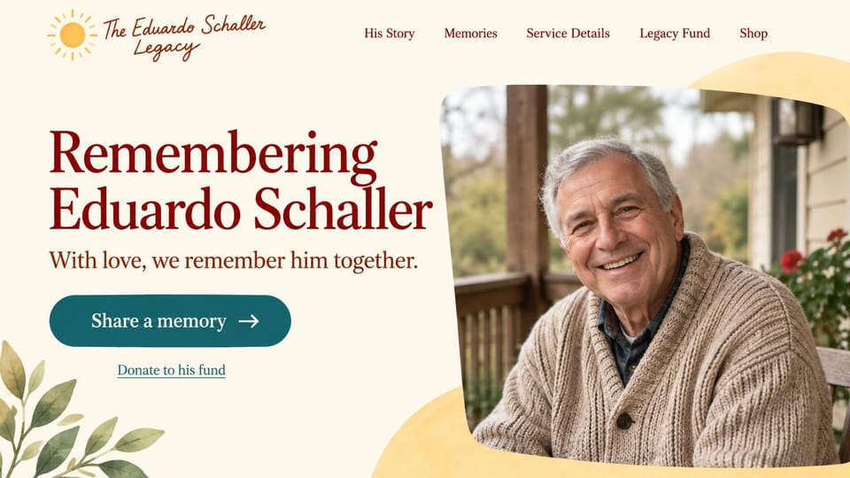 Memorial website design, legacy tribute with a memorial fund: warm cream with soft yellow shapes and leaves, a sun and script logo, a deep red serif headline, a teal button and an older man in a cable-knit cardigan on a porch