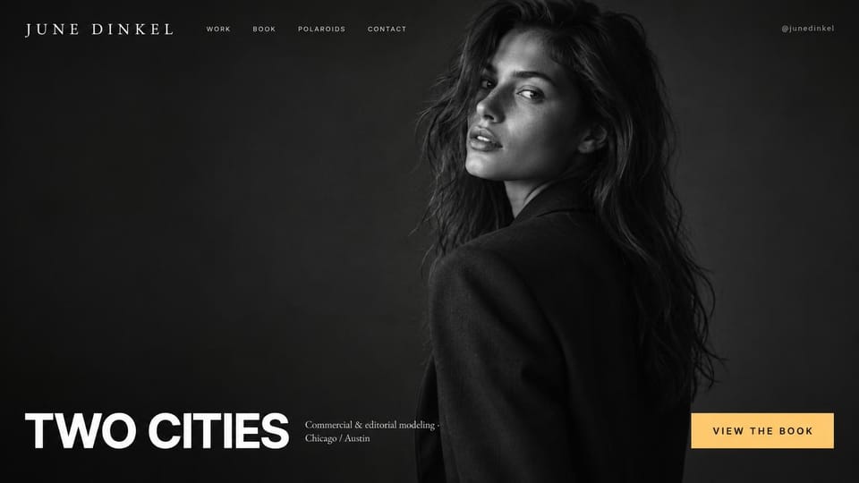 Model portfolio website design, black and white editorial model with a yellow book button: black and white photo of a dark-haired woman glancing over her shoulder, a spaced serif name, a huge white sans tagline and a yellow view the book button