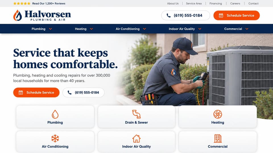 HVAC website design, plumbing and heating with a row of service tiles: white page, navy serif headline, orange buttons, a technician with gauges at an outdoor unit, white service tiles with orange icons