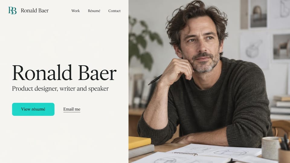 Resume website design, designer, writer and speaker with a split-screen portrait: ivory page split in two, a large black serif name, a turquoise resume button and a full-height photo of a man at a desk with sketches
