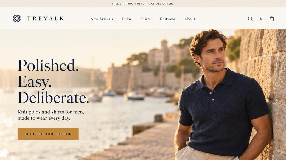 Fashion website design, knit polos on a sunlit harbor wall: a man in a navy knit polo leaning on a sunlit stone harbor wall, an interlaced diamond logo, a navy serif headline and a gold button