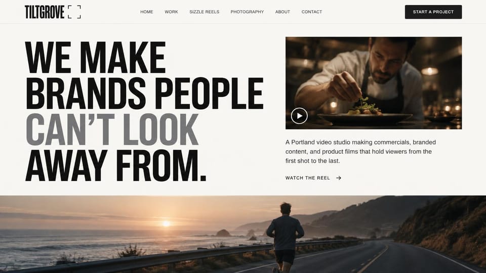Videographer website design, commercials with a giant all-caps headline: light gray page, huge condensed black and gray capitals, a chef plating in a video frame and a runner on a coastal road below