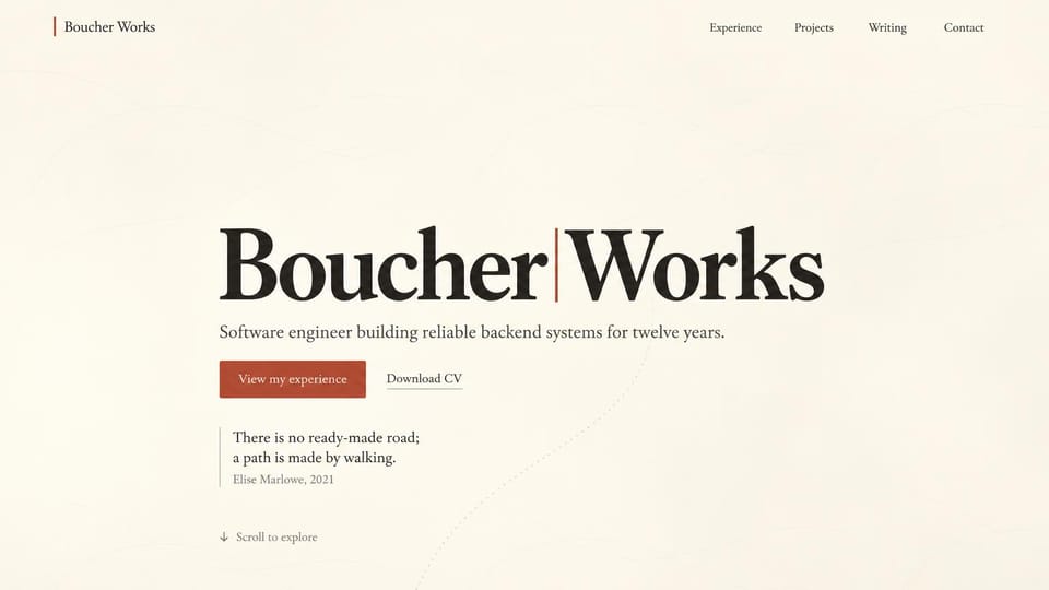 Resume website design, backend engineer with a centered serif name and a quote: ivory page with faint flowing lines, a huge centered black serif name split by a thin rust bar, a rust experience button, a download CV link and a short quote