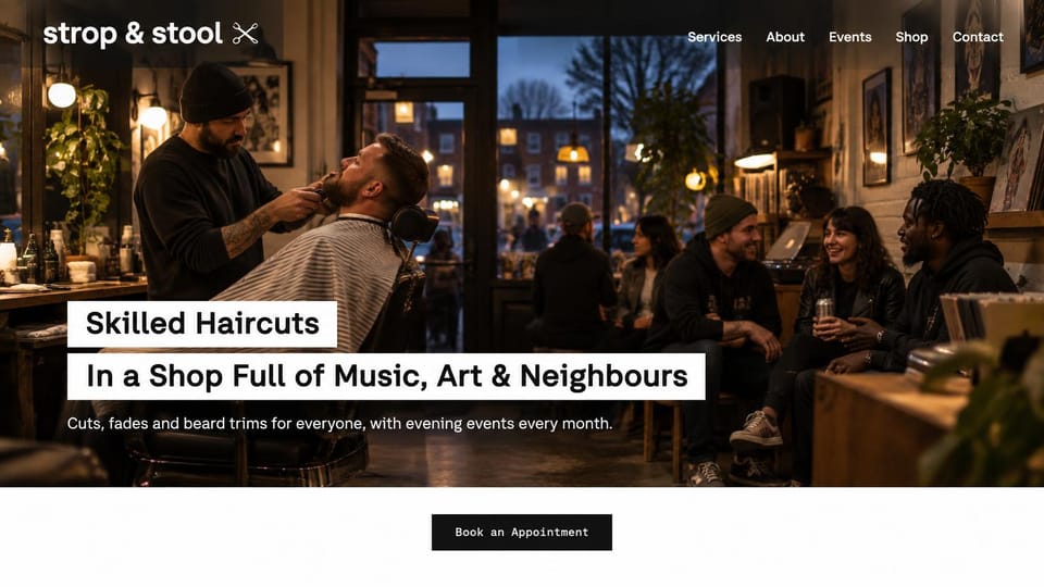 Salon website design, barbershop that doubles as a hangout: a barber trimming a beard in a busy evening shop, headline in black type on white strips
