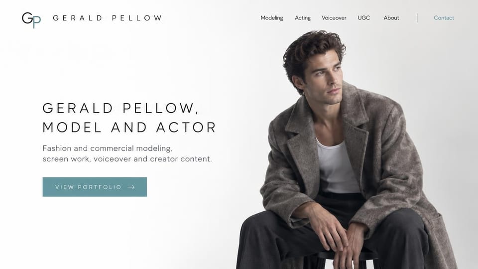 Model portfolio website design, male model and actor with voiceover and creator pages: white page, spaced black capitals, a muted teal portfolio button and a curly-haired man in a gray textured overcoat and white tank seated on a stool