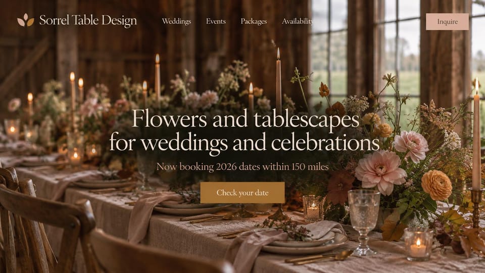 Florist website design, wedding and event florals in a rustic barn: dark rustic barn with a candlelit long table and dahlias, centered white serif headline, gold date button