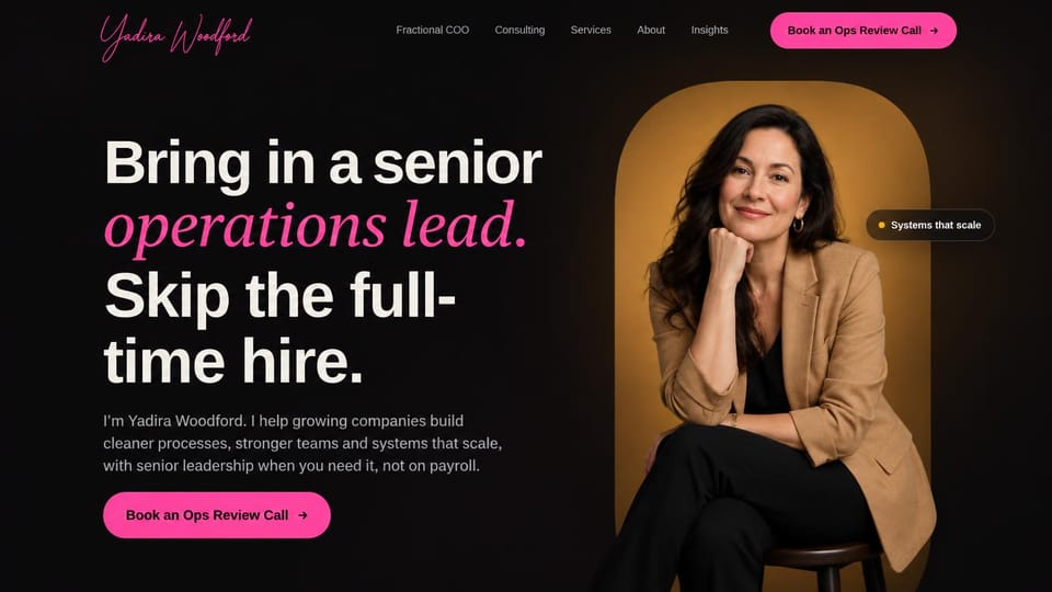 Coaching website design, fractional COO with a review call offer: black page, a white and hot pink italic headline, a pink button and a consultant in a camel blazer