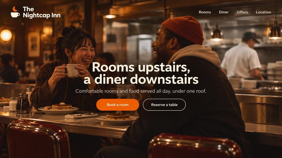 Hotel website design, inn with a diner downstairs: a warm diner scene with guests laughing over coffee, bold white headline, orange and outlined buttons