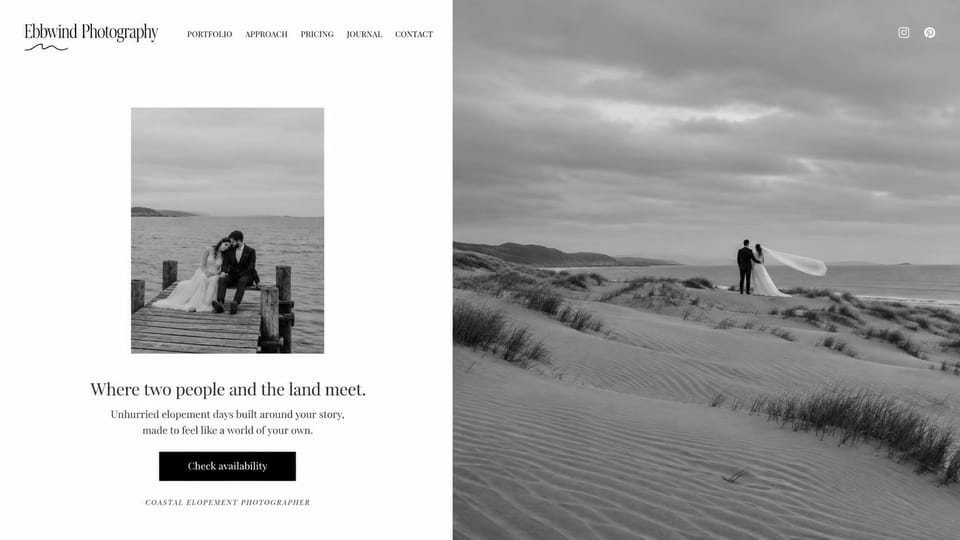 Wedding photographer website design, elopement photographer in black and white with a dune split: white left panel with a small black-and-white dock photo, a dark serif line and a black button, a tall black-and-white photo of a couple in windswept dunes on the right