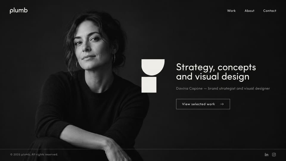 Portfolio website design, brand strategist in black and white: black page, a grayscale portrait of a woman on the left, a white geometric mark and headline with an outlined button