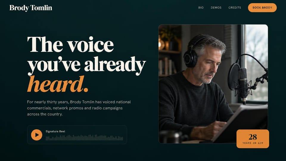 Actor website design, voice-over artist with a reel player: dark teal page, a cream serif headline with an orange italic word, an audio player and a man in headphones at a microphone