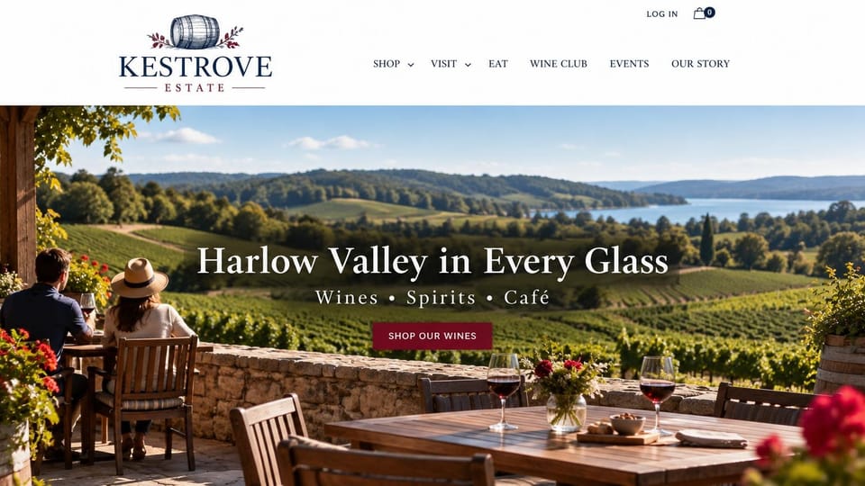 Winery and brewery website design, winery with a cafe and spirits, over a lake valley: white header with a navy barrel logo and burgundy sprigs, a sunny terrace with a couple at a table above vineyards and a lake, a white serif headline and a burgundy shop button