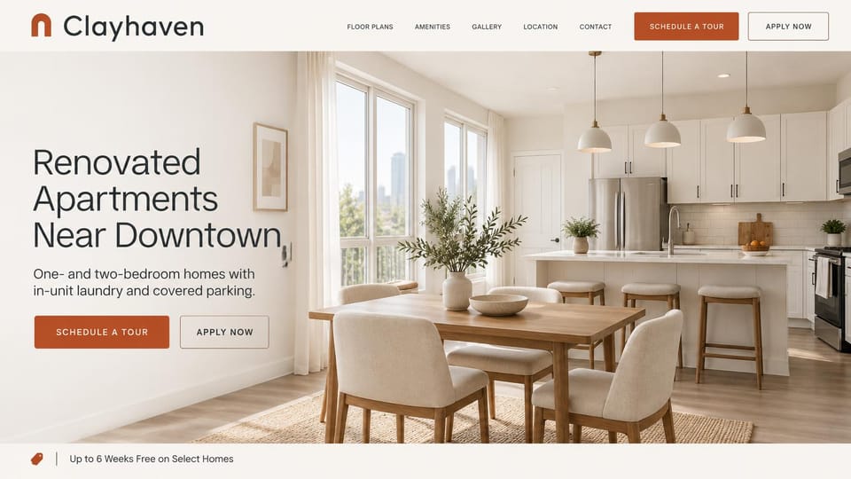 Apartment website design, renovated apartments near downtown with an offer strip: warm white page, large charcoal headline at the left, rust tour button and outlined apply button, a sunlit kitchen and dining room, an offer strip along the bottom
