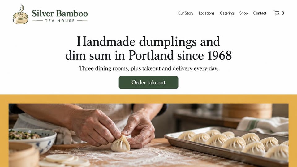 Restaurant website design, dim sum with takeout front and center: white page, dark serif headline and green button above a photo of dumplings in a gold frame