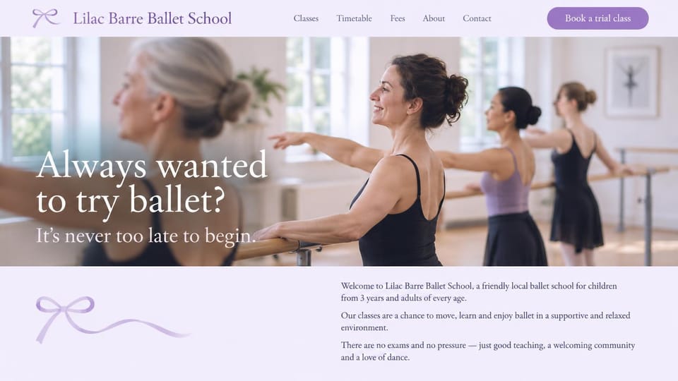 Dance studio website design, adult beginner ballet in lilac: pale lilac page, a wide photo of women of different ages at a ballet barre, a white serif headline, a lilac trial button and a welcome section with a ribbon drawing