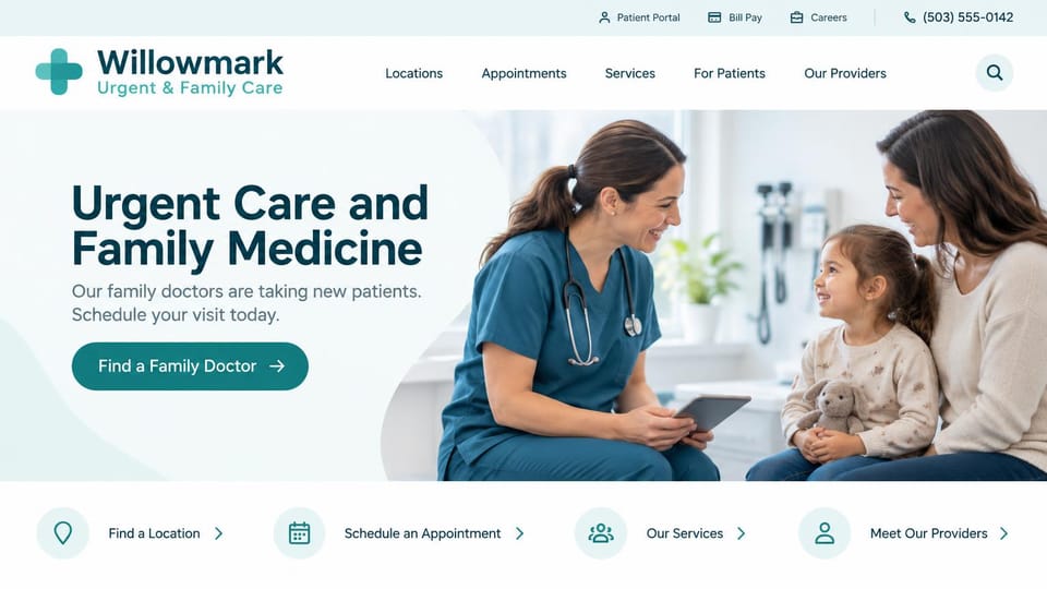 Medical practice website design, urgent and family care taking new patients: white and pale aqua, a dark teal headline and teal button beside a nurse with a tablet talking with a girl and her mother, icon links below
