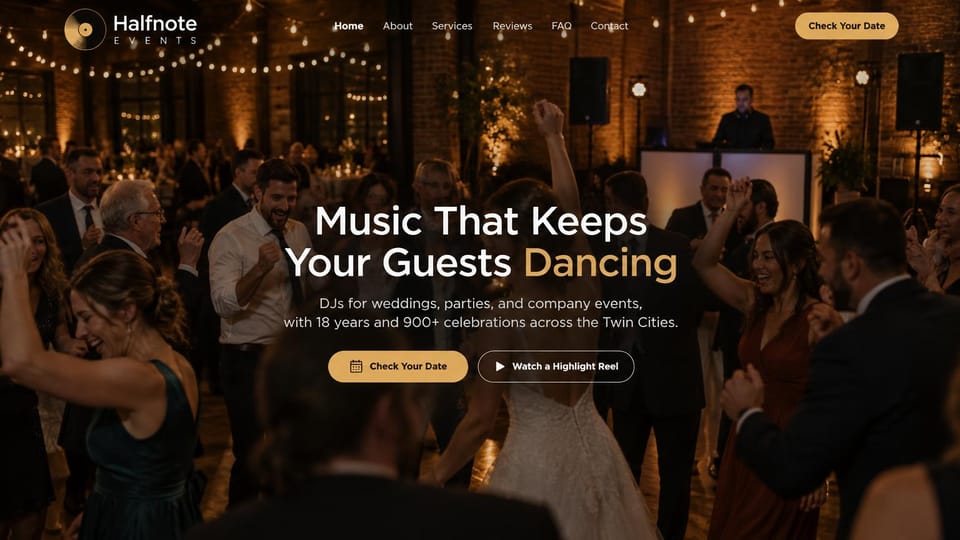 DJ website design, party and corporate DJs with a highlight reel: warm brick reception hall with a crowd dancing and a DJ booth behind, white sans headline with a gold word, gold button