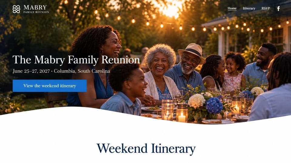 Event website design, backyard family reunion under string lights: golden dusk photo of a family laughing at an outdoor table under string lights, white serif headline, blue itinerary button