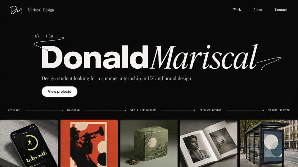 Resume website design, design student seeking an internship, name half in script: black page, a large white name half bold sans and half italic serif with hand-drawn arrows, a white projects button and a strip of project photos