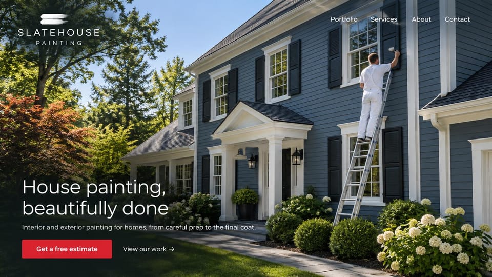 Painting website design, exterior house painting with a painter on the ladder: full-width photo of a slate blue colonial house with black shutters and a painter on a ladder, a white headline, a red estimate button