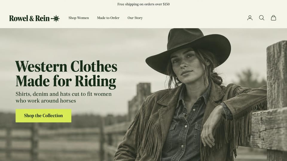 Fashion website design, western riding clothes for women in sepia: cream header with a spur logo, a sepia-green photo of a woman in a cowboy hat and fringed suede jacket leaning on a ranch fence, a heavy dark green serif headline and a lime button