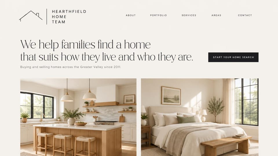 Real estate website design, family homes, light and airy: warm ivory page, a light sans headline, a black button and photos of a bright kitchen and bedroom