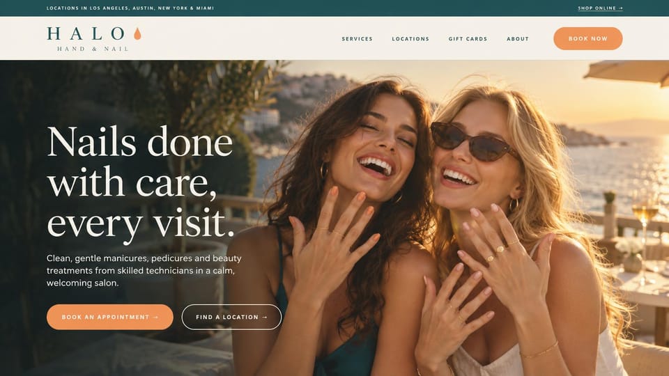 Salon website design, nail salon chain with a sunny hero: deep teal and orange, two friends laughing and showing their manicures on a sunlit terrace