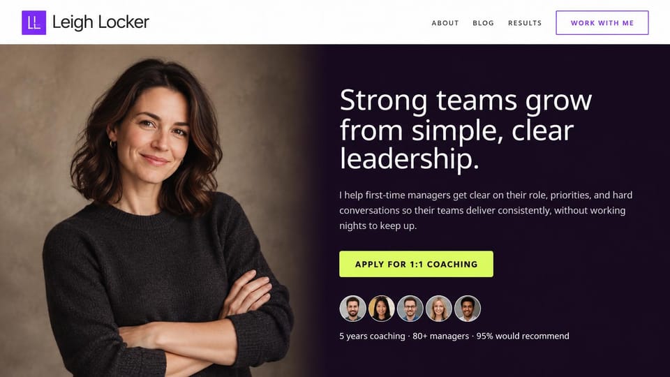 Coaching website design, new manager coaching with client faces: deep purple-black split with a portrait on the left, a white headline and a lime apply button