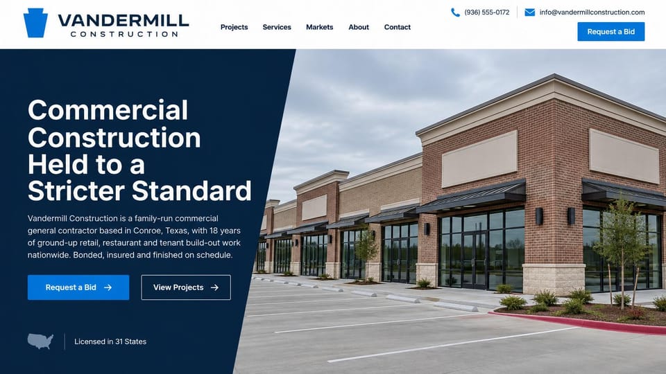 Construction website design, commercial builder with an angled navy panel: white menu with a blue button, a navy angled panel with a bold white headline beside a brick retail strip center, blue and outlined buttons
