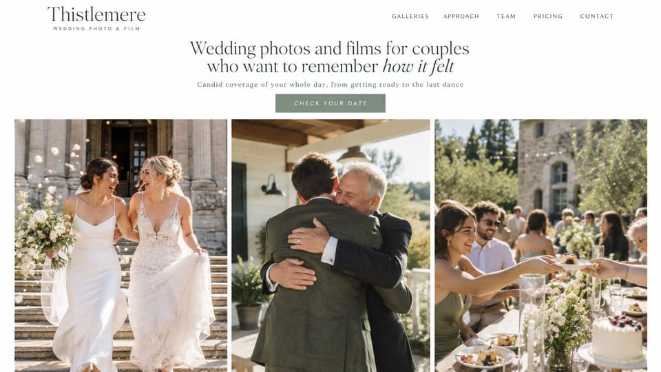Wedding photographer website design, photo and film studio with a row of candid moments: white page, centered serif headline with an italic phrase, sage button, three tall photos of two brides on steps, a father hugging the groom and guests passing cake