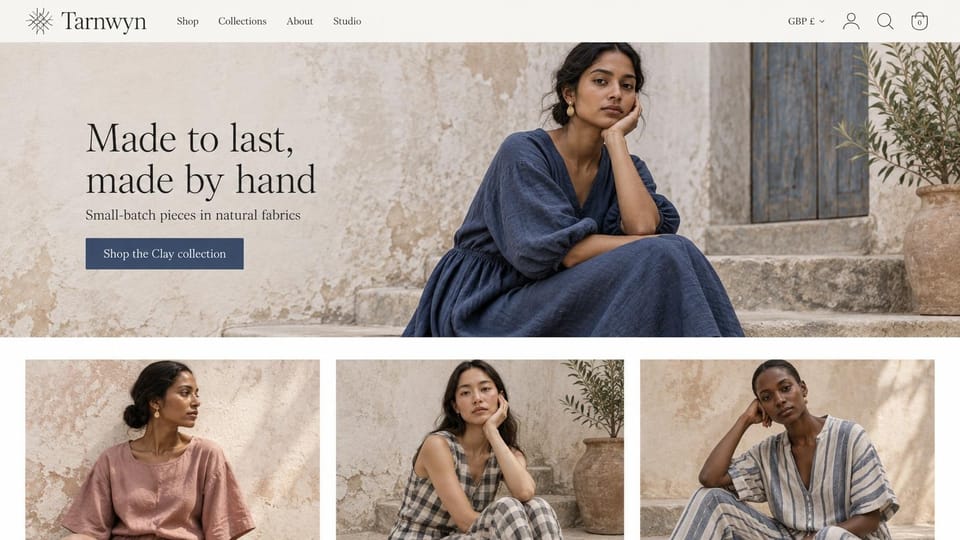 Fashion website design, small-batch womenswear by a faded blue door: off-white header with a star logo, a woman in a navy linen dress on weathered steps by a blue door, a black serif headline and a navy button, three photos of women in pink, check and stripes below