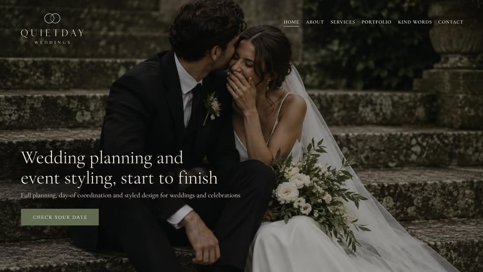 Wedding planner website design, planning and styling with a candid kiss: dark photo of a groom kissing a laughing bride on mossy steps, white serif headline, sage date button