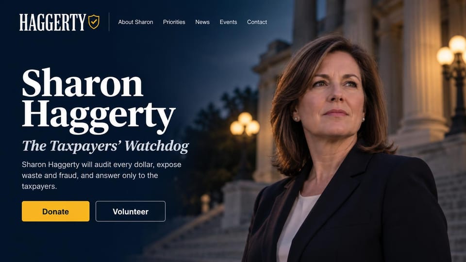 Political campaign website design, auditor's race as the taxpayers' watchdog: dark navy page, a large white serif name and italic tagline, a yellow and an outlined button, a woman in a dark blazer before lit columns at dusk