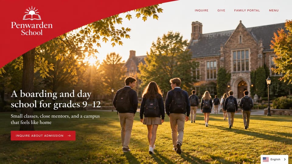 School website design, boarding school with a curved red corner: students walking across a lawn toward a stone hall at golden hour, a curved red logo panel and a red button