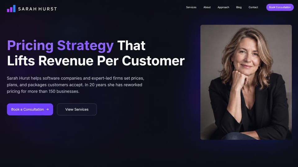 Consulting website design, pricing strategy consultant on deep purple: deep navy page with a purple glow, white and violet headline, violet consultation button, a portrait of a consultant